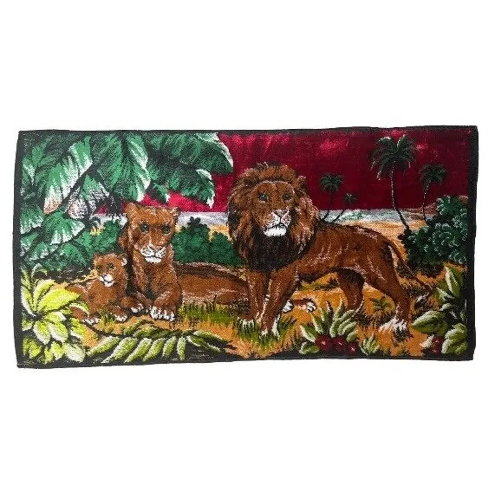 Vintage Mid Century Lion Family Large Carpet Wall Tapestry Morocco 19X38 Jungle